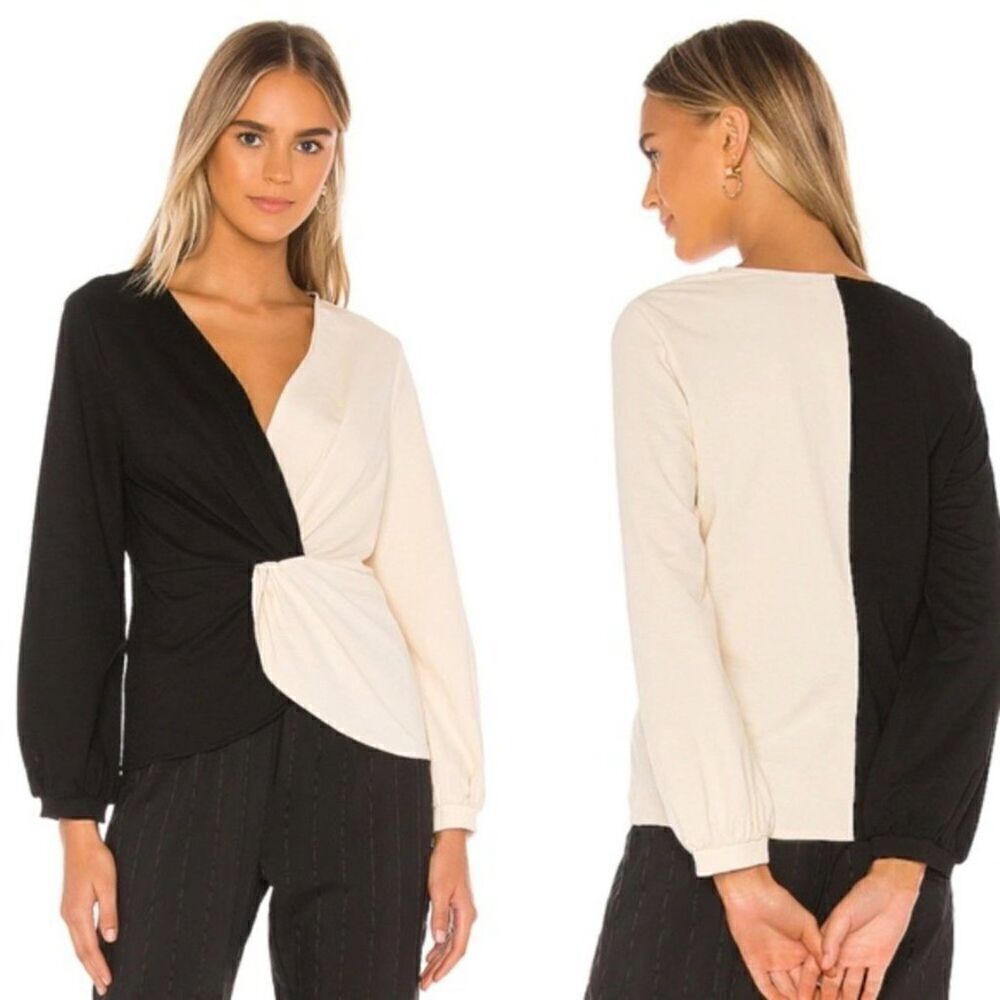 Callahan Rana Top Size Large Twist Knot Black Cream Long Sleeve Colorblock